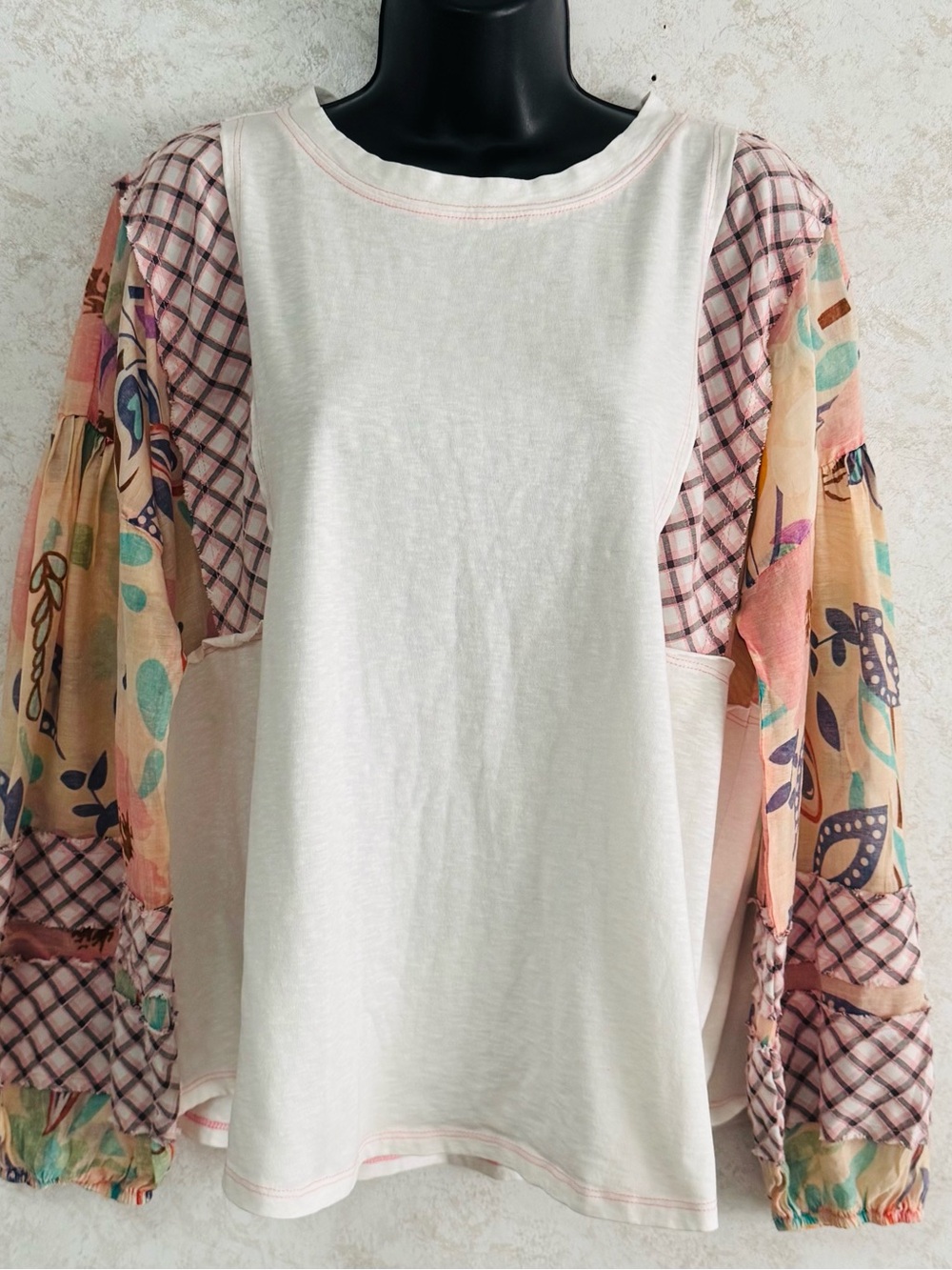 Easel Ladies Top Pull Over Gathered Long Sleeve Patchwork Mixed Fabric Medium